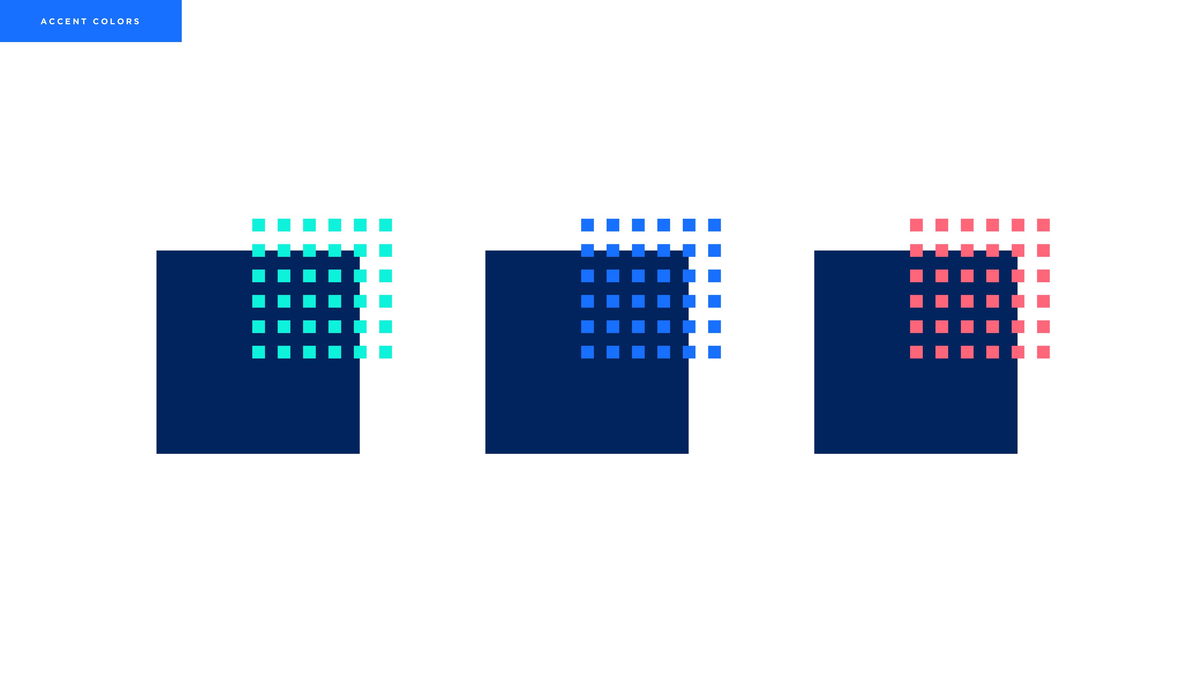 The three accent colors, teal, bright blue and coral, each shown as a dot grid overlapping a navy square.