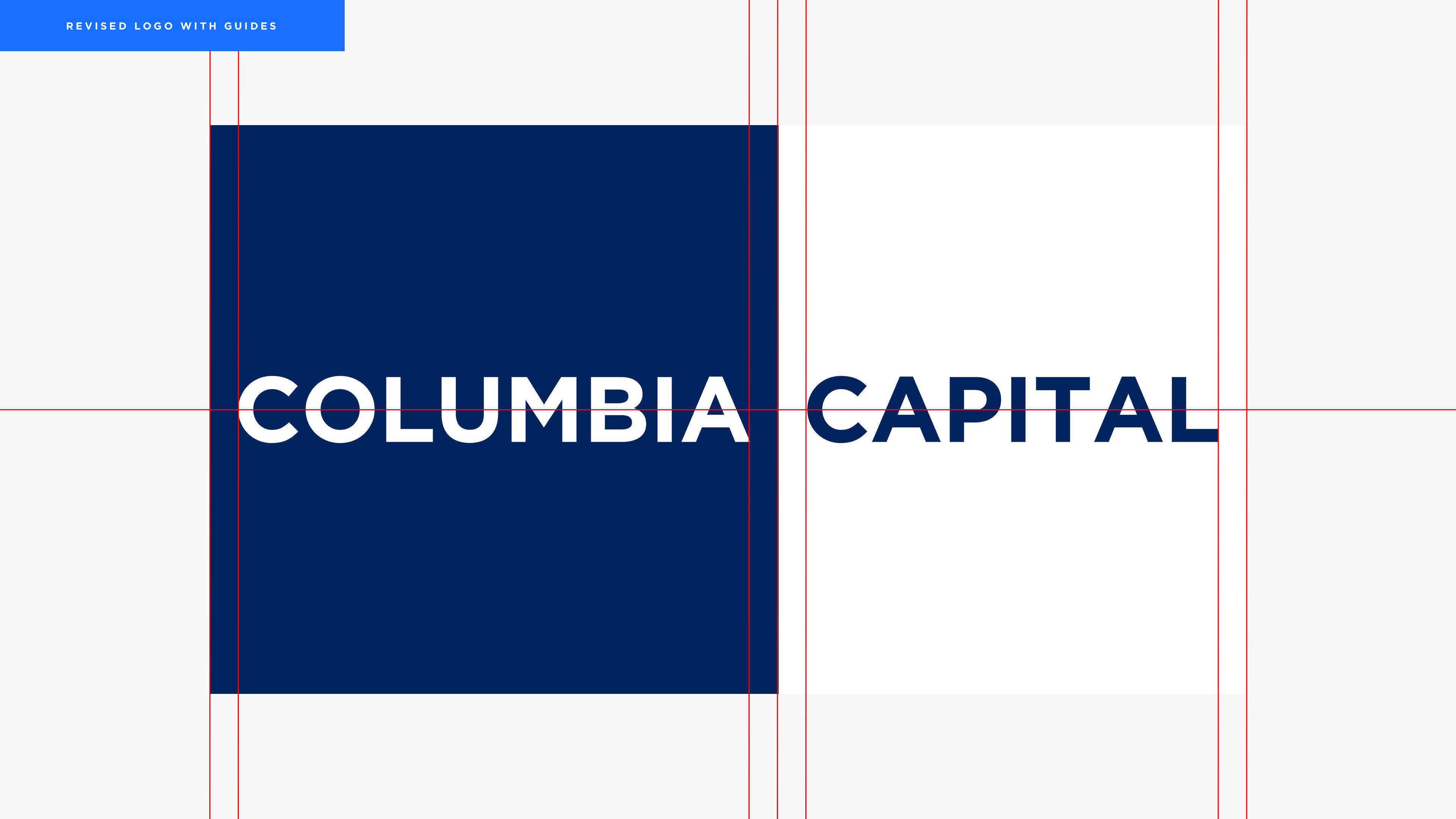 The revised Columbia Capital wordmark with red construction guides: “Columbia” reversed out of a navy square beside “Capital” in navy on white.