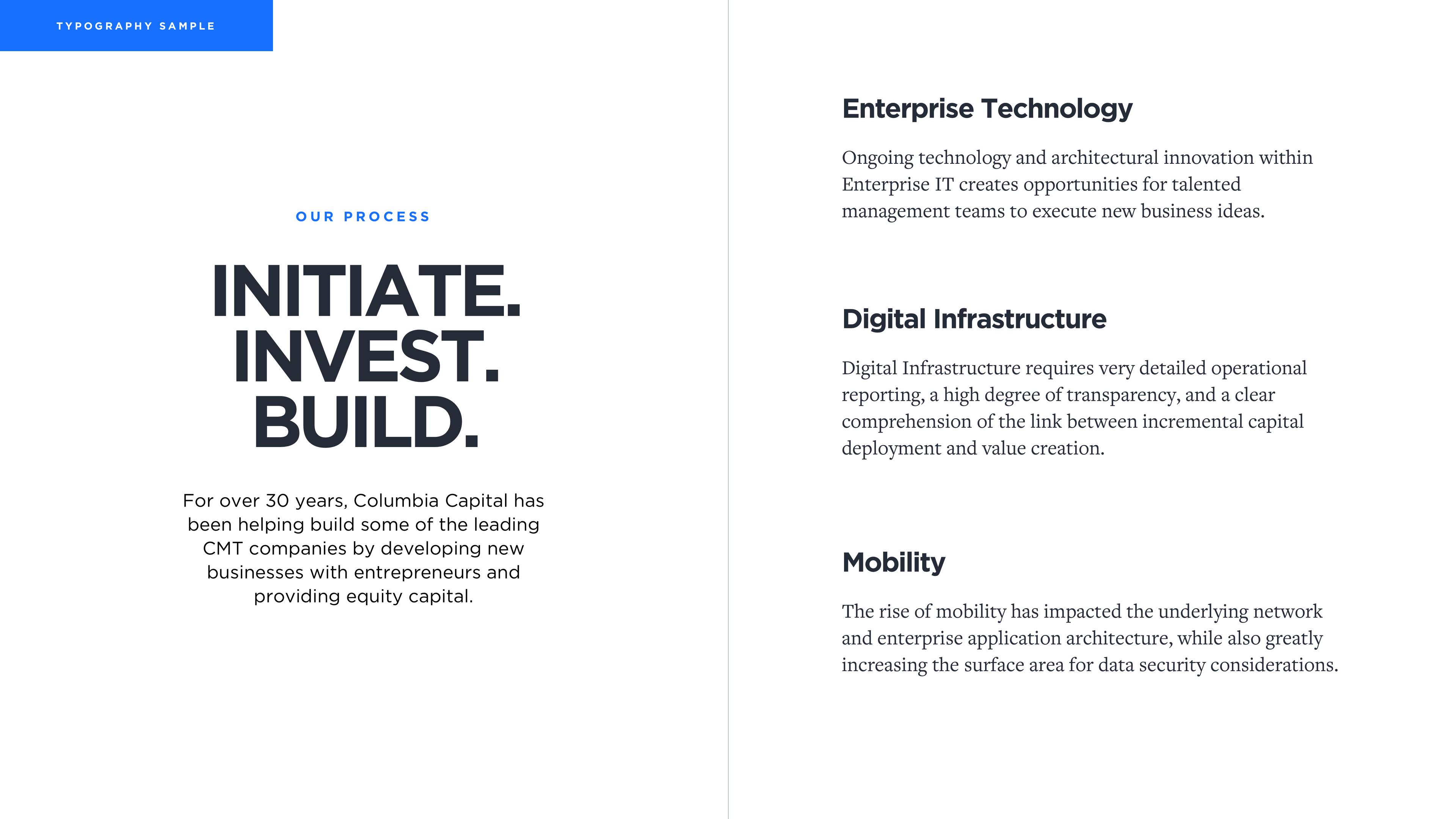 Typography sample: a bold geometric sans headline reading “Initiate. Invest. Build.” beside sector descriptions set in a serif body face.