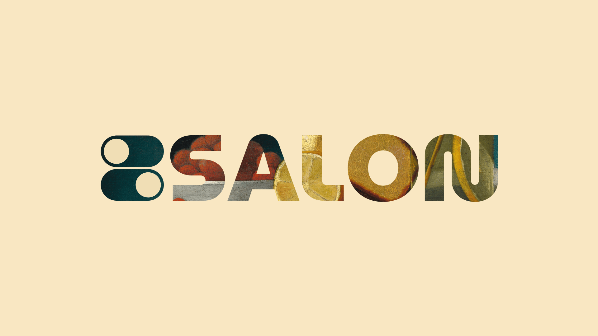"Salon" wordmark with letters filled by a still-life painting, next to a teal double-circle mark on cream.