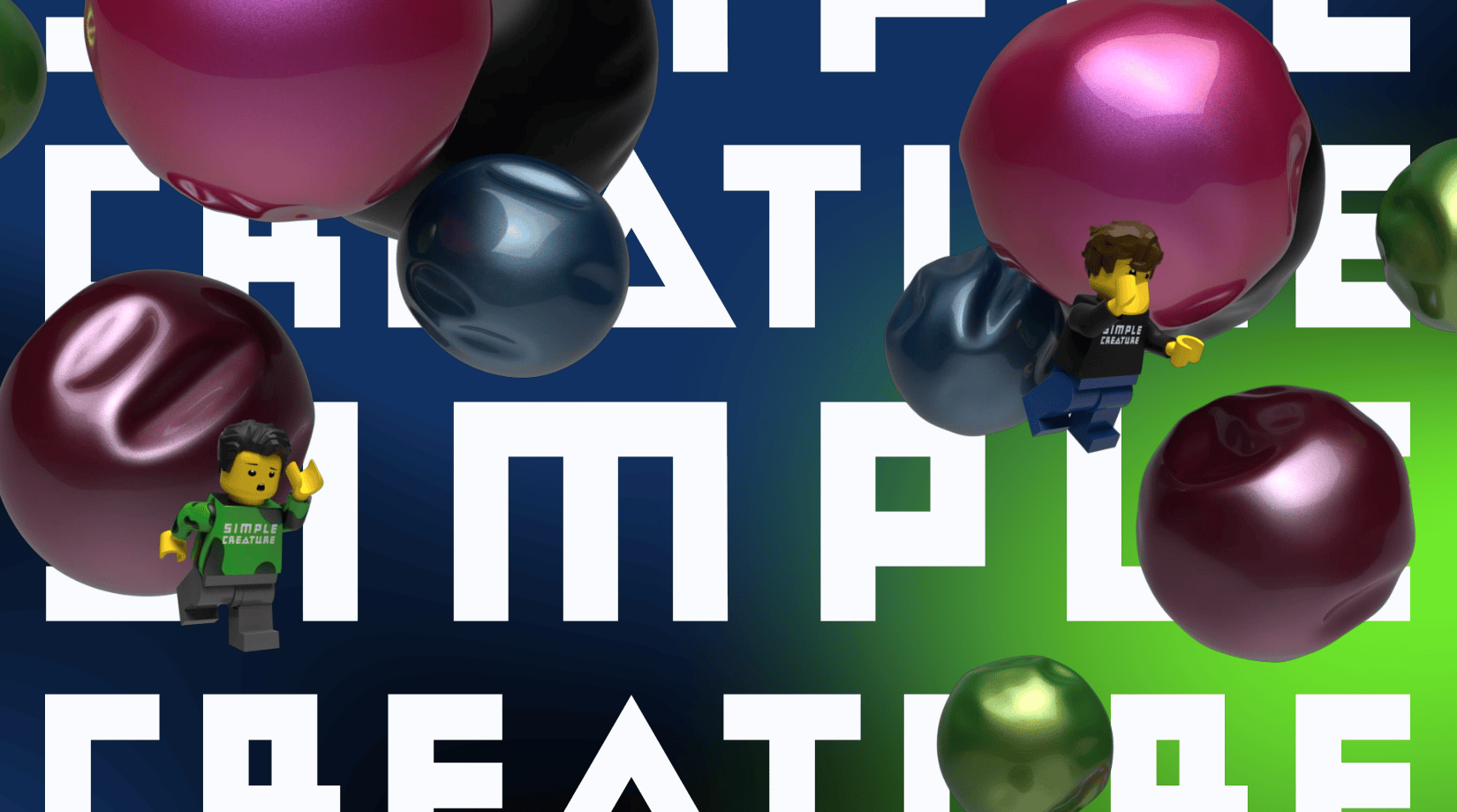 3D render of two minifigures in "Simple Creature" shirts clinging to glossy spheres over large white "SIMPLE CREATURE" lettering.