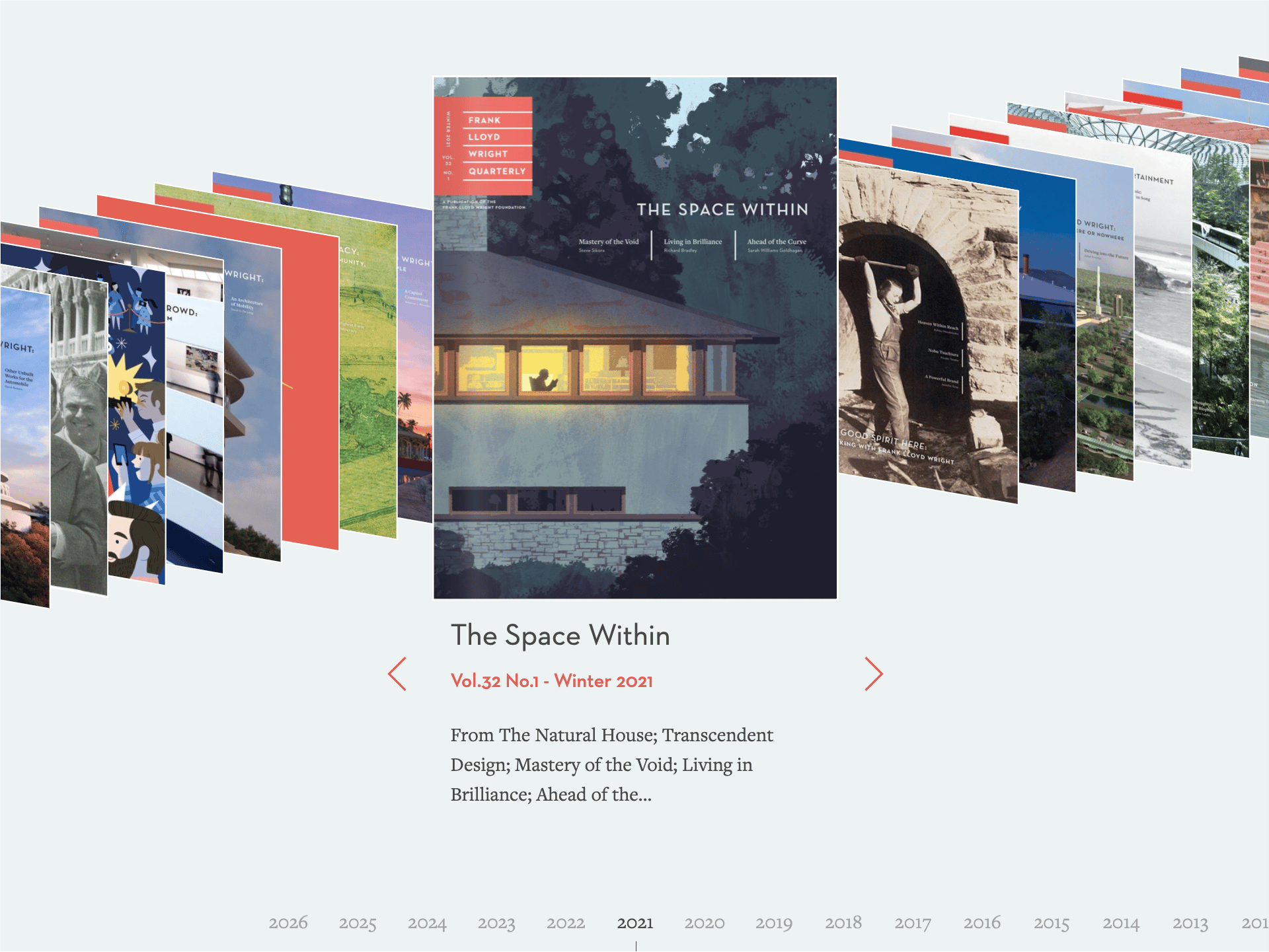 Screenshot of a Frank Lloyd Wright Quarterly archive browser, with issue covers fanned out in 3D around the highlighted "The Space Within" cover and a year timeline below.