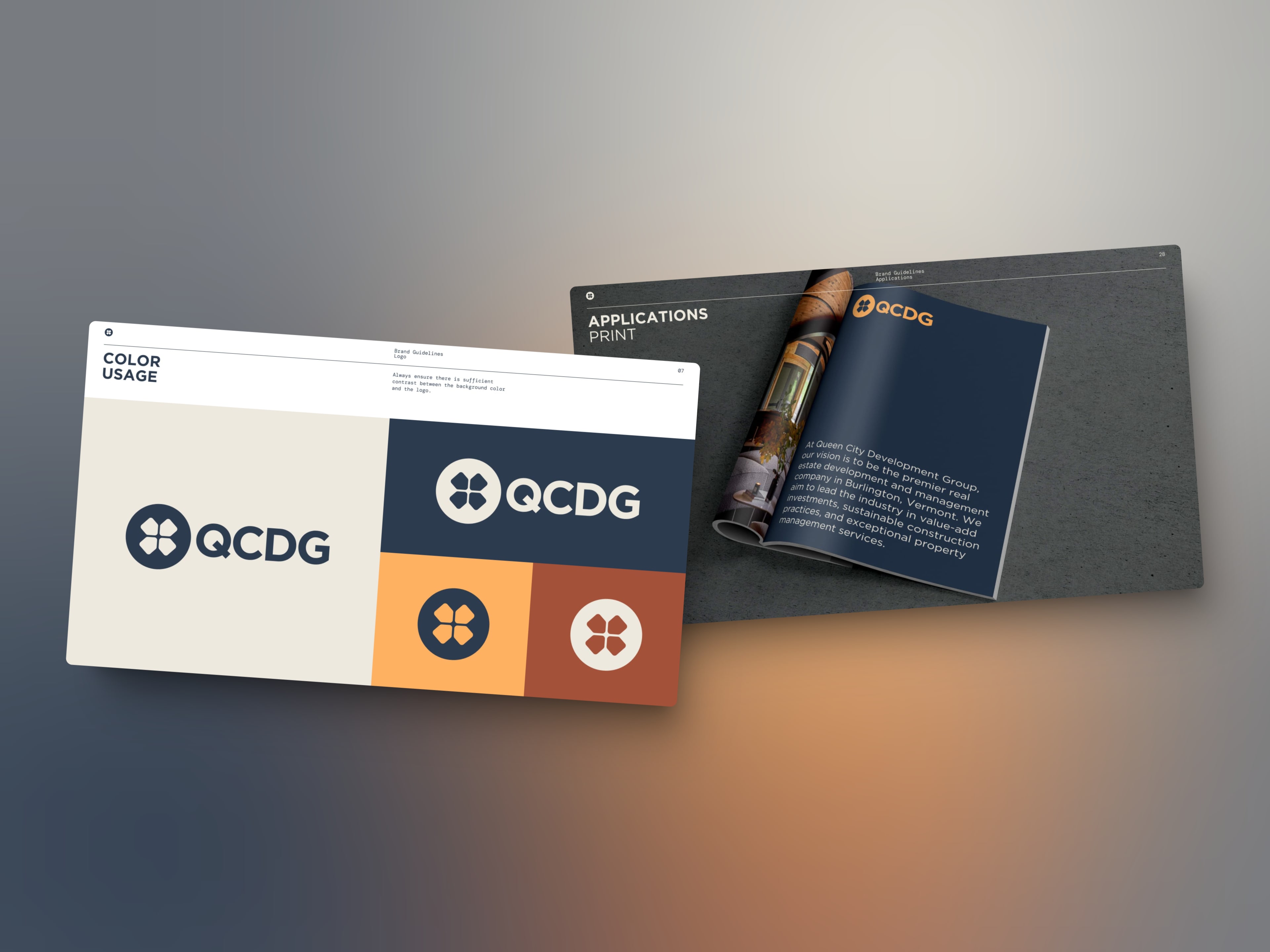 Two brand guideline spreads: the QCDG clover logo on cream, navy, orange and rust backgrounds, and a navy printed brochure with the orange logo.