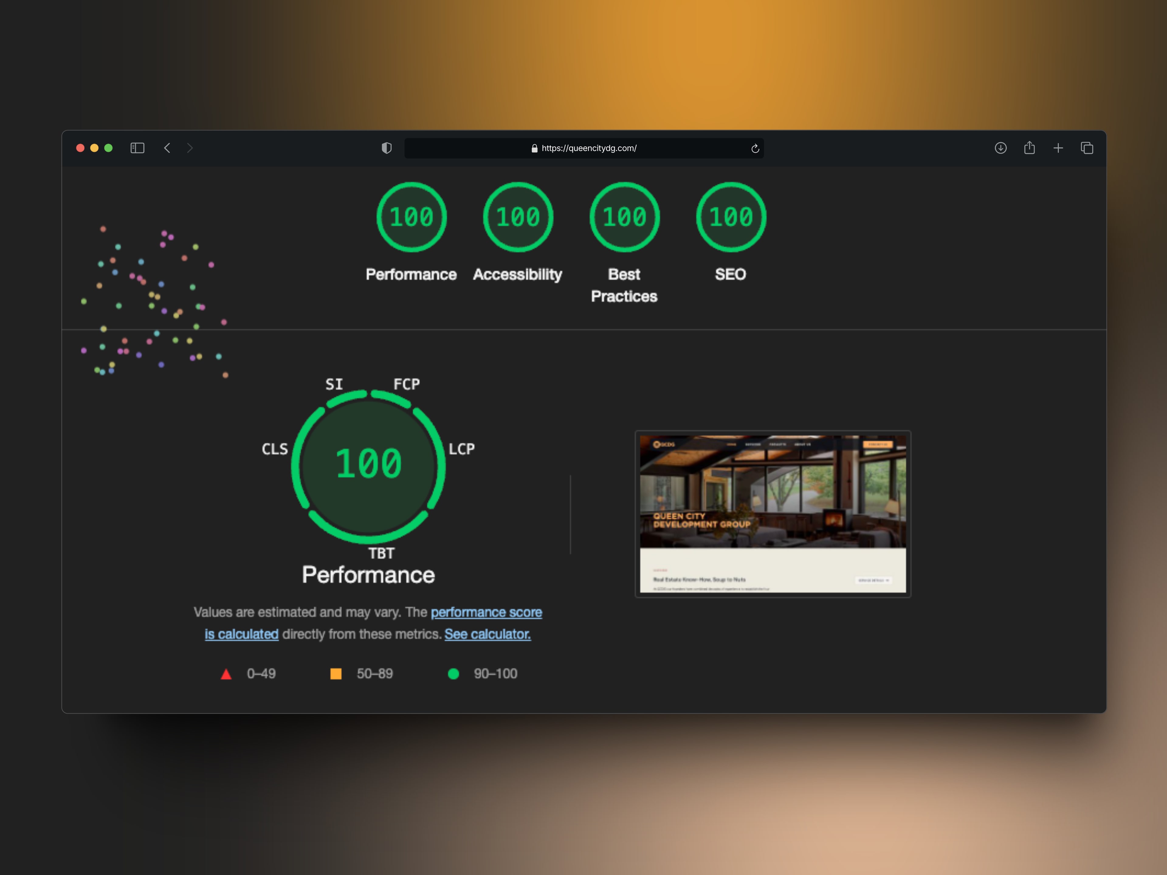 A Lighthouse report for queencitydg.com with scores of 100 for Performance, Accessibility, Best Practices and SEO.