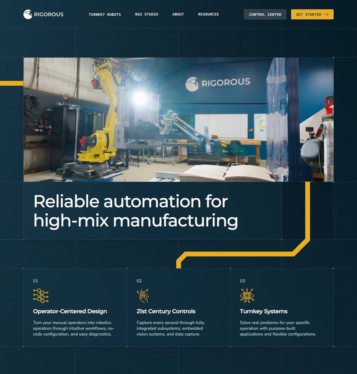The Rigorous homepage on a dark navy grid: a yellow robotic arm in the Rigorous workshop, the headline “Reliable automation for high-mix manufacturing”, and a yellow safety path running down to three feature cards.