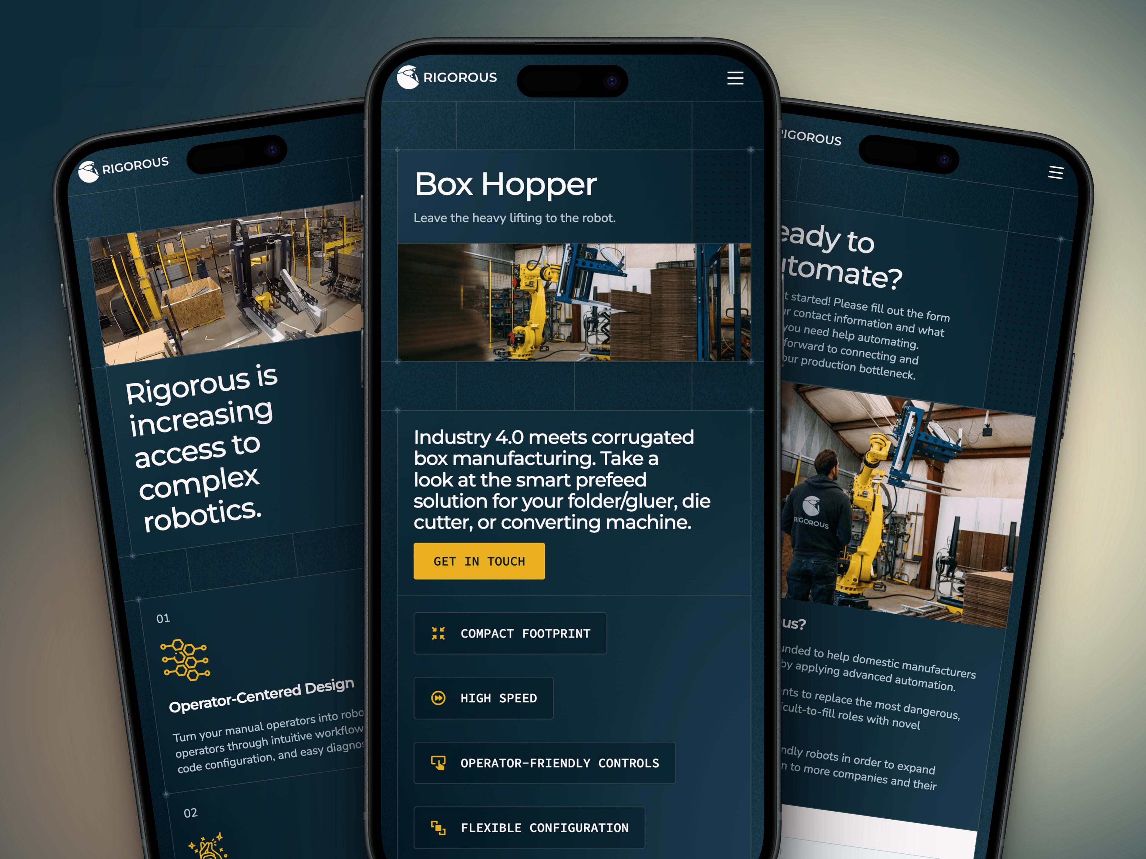 Three phones showing the Rigorous site on mobile: the homepage headline, the Box Hopper product page with its yellow Get in Touch button, and the contact form.