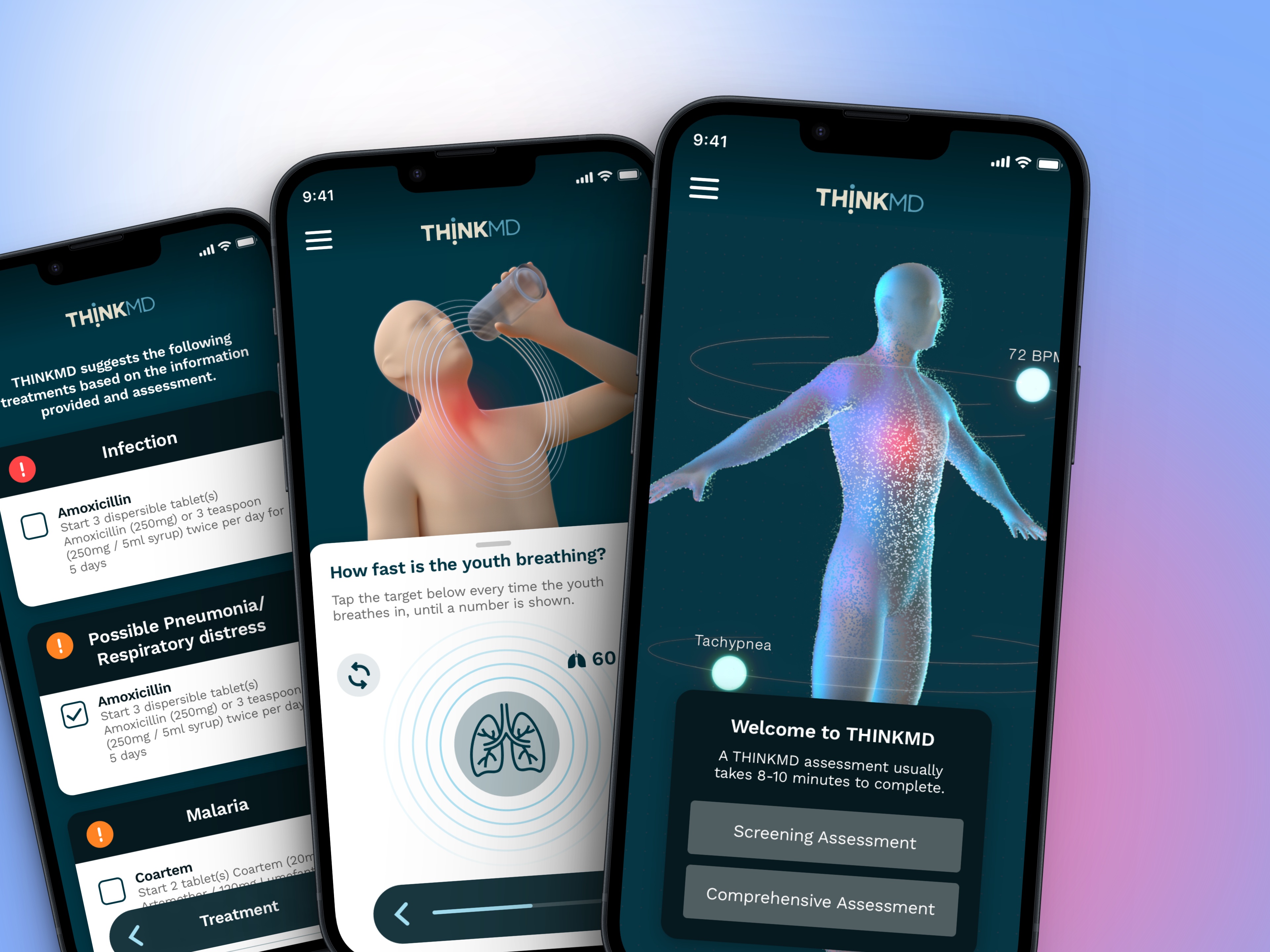 Three phones showing the THINKMD app: a treatment list with flagged conditions, a breathing-rate counter, and a welcome screen with a particle-rendered body and vital signs.